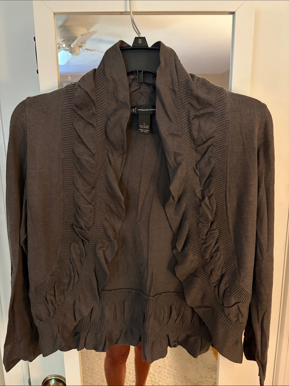 INC International Concepts Dark Taupe Ruffle-Trim Open Cardigan Shrug